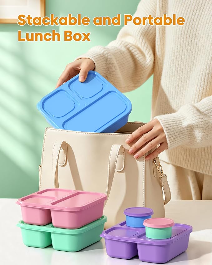 Canfanni 4 Pcs Bento Box Set, Reusable 3 Compartments Snack Boxes with 2 Leakproof Small Containers, Stackable Meal Prep Lunch Containers for School, Work, and Travel