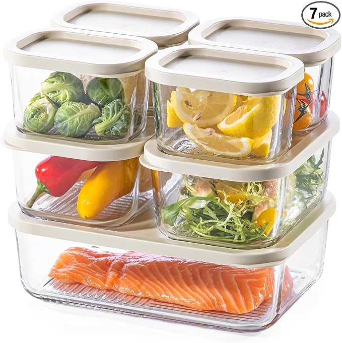 KEMETHY 7 Pack Glass Food Storage Containers with Lids,Stackable BPA Free Glass Meal Prep Containers,Glass Lunch Containers with Lids for Kitchen Storage and Organization- Baking, Microwave, Oven