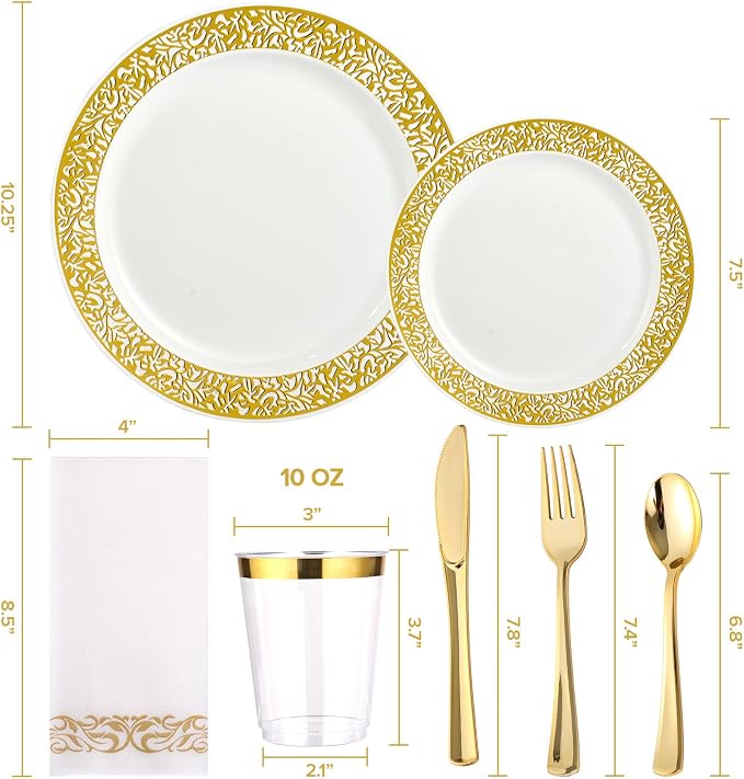 FOCUSLINE 350 Ct Gold Dinnerware Set for 50 Guests, Gold Lace Plastic Plates Disposable Heavy Duty, Including 50 Dinner & Dessert Plates, Cups, Napkins, Cutlery Set