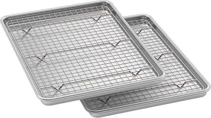 Wildone Baking Sheet with Rack Set (2 Pans + 2 Racks), Half Sheet Size | Natural Aluminum Commercial Quality Cookie Sheet with Cooling Rack, Nonstick Baking Pan, Warp Resistant & Heavy Duty