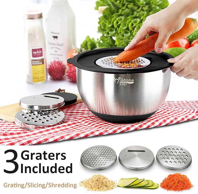 Wildone Mixing Bowls with Airtight Lids, Stainless Steel Nesting Bowls Set | Metal Bowls with 3 Grater Attachments, Non-Slip Bottom, Size 5, 4, 3, 2, 1.5, 1, 0.63QT, Include Utensil Set for Prep, Black