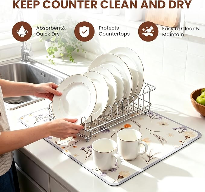 Coffee Mat Dish Drying,Non-Slip Easy Clean Sink Mat,Heat-resistant ,Fit Under Coffee Maker, Espresso Machine, Pot, Dish Rack (White petals, 16"x24")
