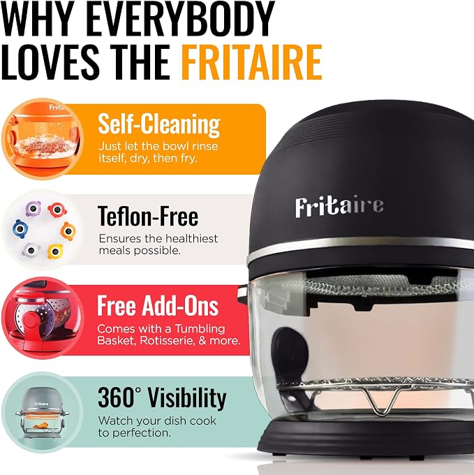 Non Toxic Air Fryer™ Pro | 9-in-1 Glass Air Fryer | Self-Cleaning | 5 Quart | Rotisserie and Tumbler | 400F Vortex For Even Cooking, BPA-Free Teflon Free, Recrisp, Roast, Bake, Black