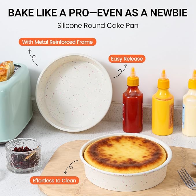 CAKETIME 8 Inch Silicone Round Cake Pan with Metal Reinforced Frame Set of 3, Non-stick & BPA Free, Even Heat Distribution, Stackable & Dishwasher Safe