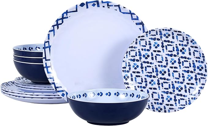 12pcs Melamine Dinnerware Set - Unbreakable Plates and Bowls Set | Blue Grid Stripes Dinner Dish Set for Indoor/Outdoor Use - Modern Style Service for 4 - Break-Resistant Dishwasher Safe