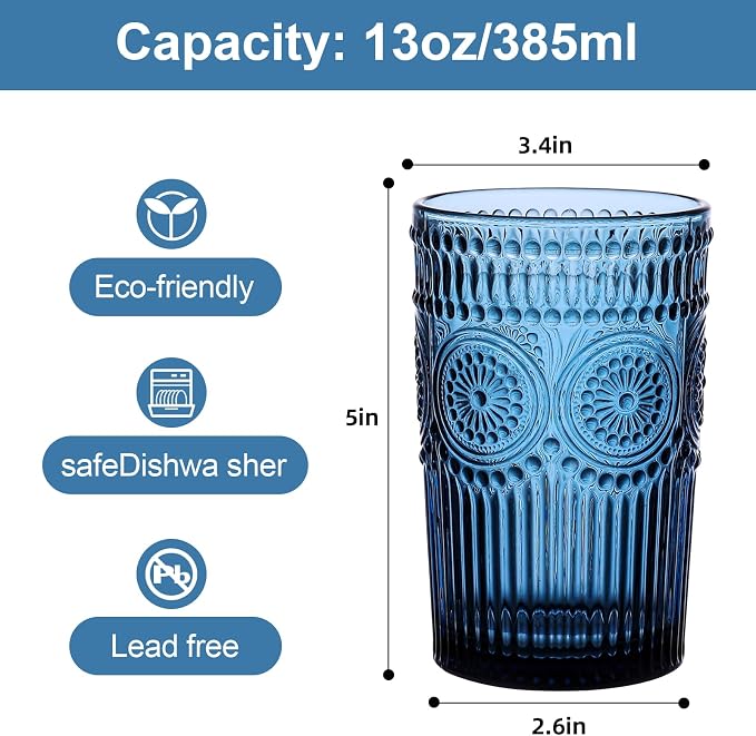 ZMOWIPDL Drinking Glasses Set of 6,13oz Flower Design Blue Glass Cups | Vintage Glassware,Textured Tumblers,Embossed Striped Drinkware for Water,Cocktails,Juice,Iced Coffee