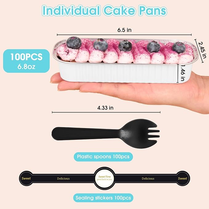 100 Pack Mini Cake Pans with Lids and Spoons, Disposable Aluminum Foil Cake Tins（6.8oz） Individual Small Cake Baking Containers for Party, Wedding, Birthday