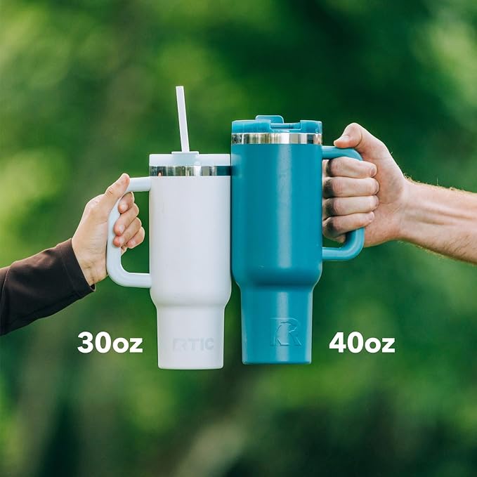 RTIC 40 oz Road Trip Tumbler Double-Walled Cermaic Lined Insulated Stainless Steel Portable Travel Coffee Mug Cup with Lid, Handle and Straw, White Magnolias