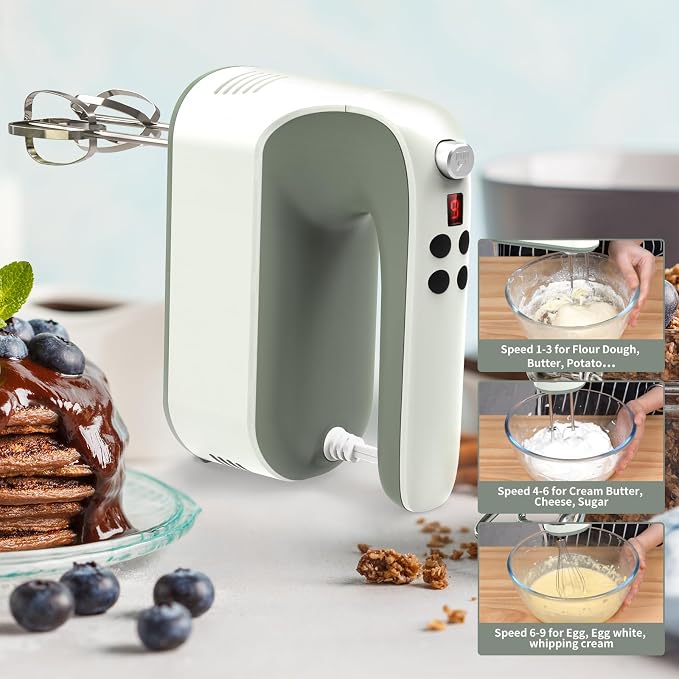 Yomelo 9-Speed Digital Hand Mixer Electric, 400W Powerful DC Motor, Hand Mixer Electric Handheld with Snap-On Storage Case, 5 Stainless Steel Accessories, Beaters, Dough Hooks, Whisk(Light Green)