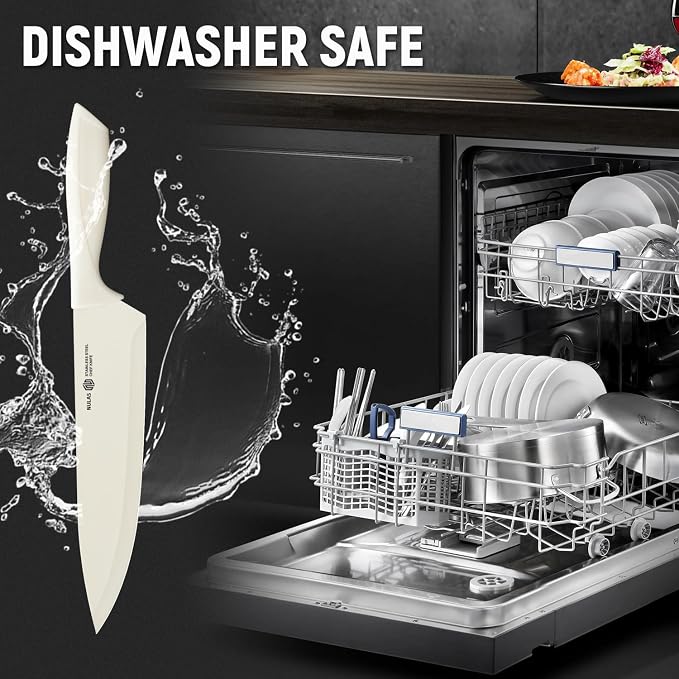 15-Piece Kitchen Knife Set with Block and Built-In Sharpener, Cream | High-carbon stainless steel blades, nonstick coating, ergonomic handles and dishwasher-safe care