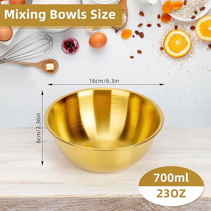 3-Piece Stainless Steel Golden Mixing Bowls (6.3") Metal Bowl with Measurement Marks, Dishwasher Safe & Stackable - Perfect for Baking, Salad Making, Meal Prep