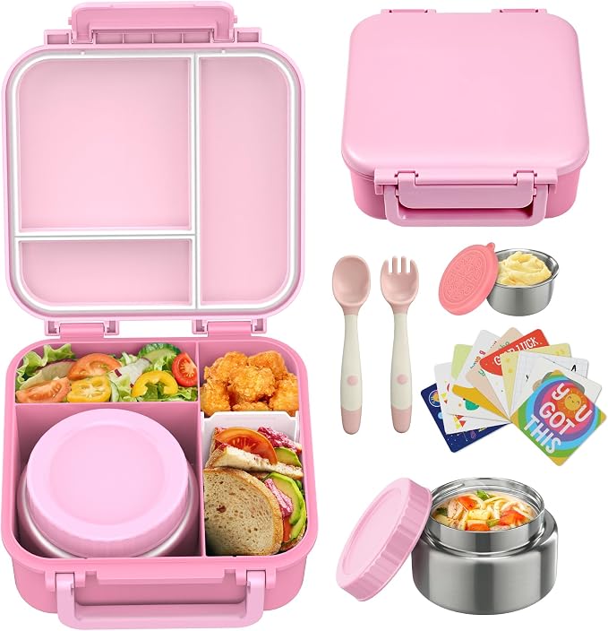 Kids Bento Lunch Box with 9oz Soup Thermo Leakproof Lunch Food Containers 4 Compartment with Insulated Hot Food Jar for Kid Toddler Girls Boys to School, Trvael