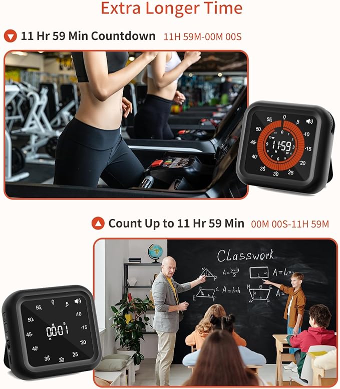Digital Magnetic Visual Kitchen Timer, Up to 11H 59M Countdown & Count Up | USB-C Rechargeable, Large VA Display, Adjustable Volume and Brightness, Memory Recall Function for Kitchen, Classroom, Study