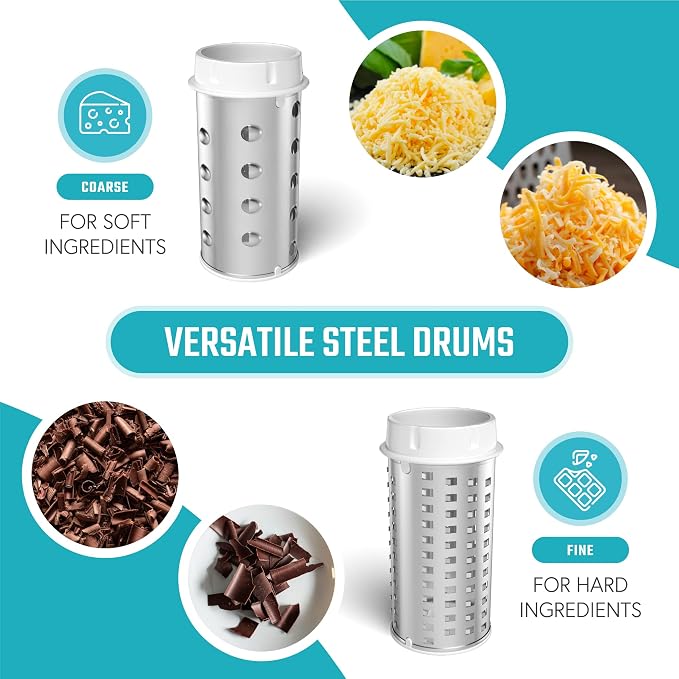 Rotary Cheese Grater Hand Crank, Handheld Parmesan Cheese Shredder | 2 Stainless Steel Drums, BPA-Free Dishwasher Safe Hand Held Cheese Grinder with Handle, Grates Hard Cheese, Chocolate & Nuts