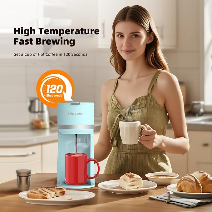 Horavie Mini Single Serve Coffee Maker for K-Cup Pod and Ground Coffee, Fast Brew One Cup Coffee Machine with Descaling Reminder and Water Window, 6 to 12 oz. Brew Sizes, Light Blue