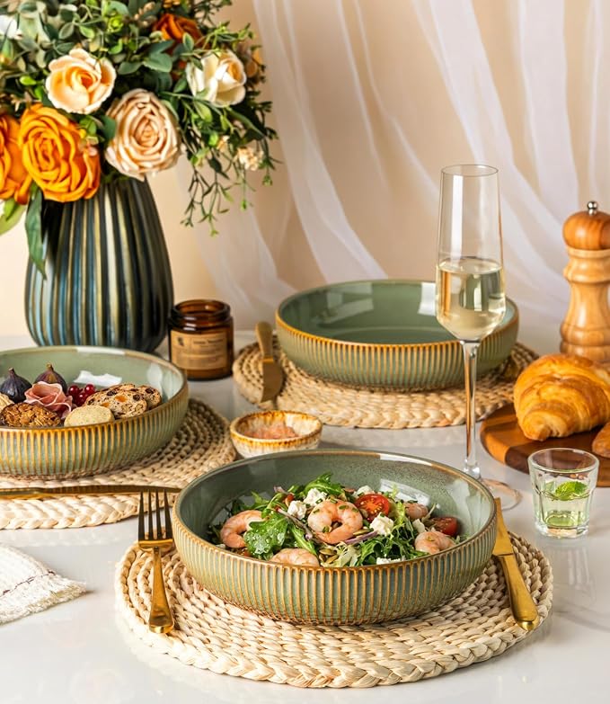 8.5" Ceramic Pasta Bowls Set of 4, Salad Bowls | Versatile Serving Bowls for Pasta, Salad, Fruit & Noodles, Housewarming & Wedding Gift, Sage Umber