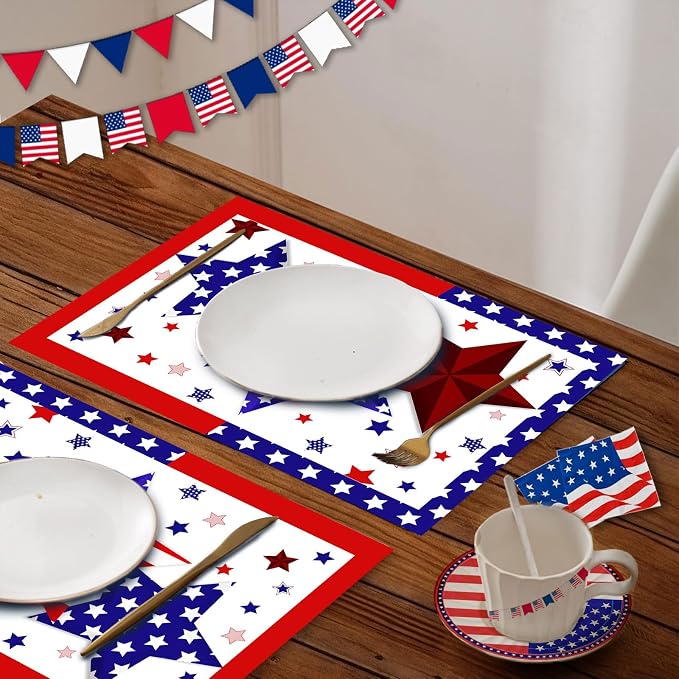 50 PCS Disposable Paper Placemats 4th of July Memorial Day Place Mats (E) | 16x11 Inch Patriotic Freedom Stars Table Mats for Holiday Indoor Outdoor Party Kitchen Dining Table Decorations