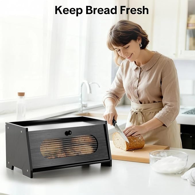 Black Bread Box for Kitchen Countertop,Large Capacity Kitchen Countertop Organizer,Bread Storage with Acrylic Window for Cabinet,Pantry,Cupboard