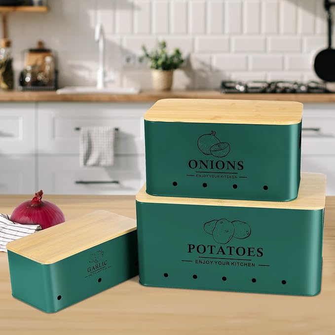 Kitchen Vegetable Storage Set of 3, Metal Onion Garlic Potato Storage Set, Kitchen Canisters Vegetable Keeper Containers with Aerating Holes and Bamboo Lid,Alpine Green