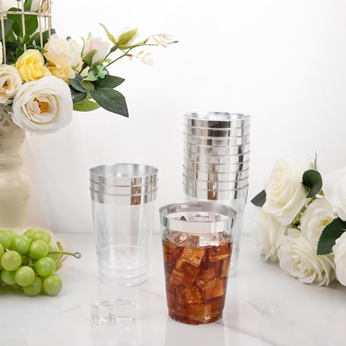 I00000 100 Pack 12 oz Silver Plastic Cups, Silver Rimmed Disposable Cups, Party Wine Glasses Cocktail Glasses Premium Cups with Silver Rim, 12 Ounce Plastic Tumblers For Party