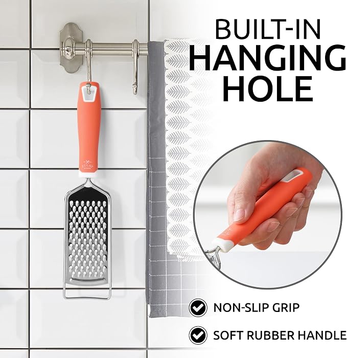 Zulay Kitchen Professional Cheese Grater Stainless Steel - Durable Rust-Proof Metal Lemon Zester Grater With Handle - Flat Handheld Shredder for Parmesan, Chocolate, Spices, And More - Orange
