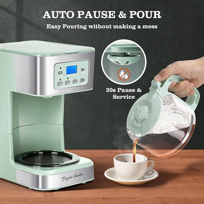 Taylor Swoden 12-Cup Programmable Coffee Maker, Green & Stainless Steel | Regular & Strong Brew Drip Coffee Machine for Home and Office, 24H Timer, Glass Carafe, Pause & Serve, Auto Shut Off