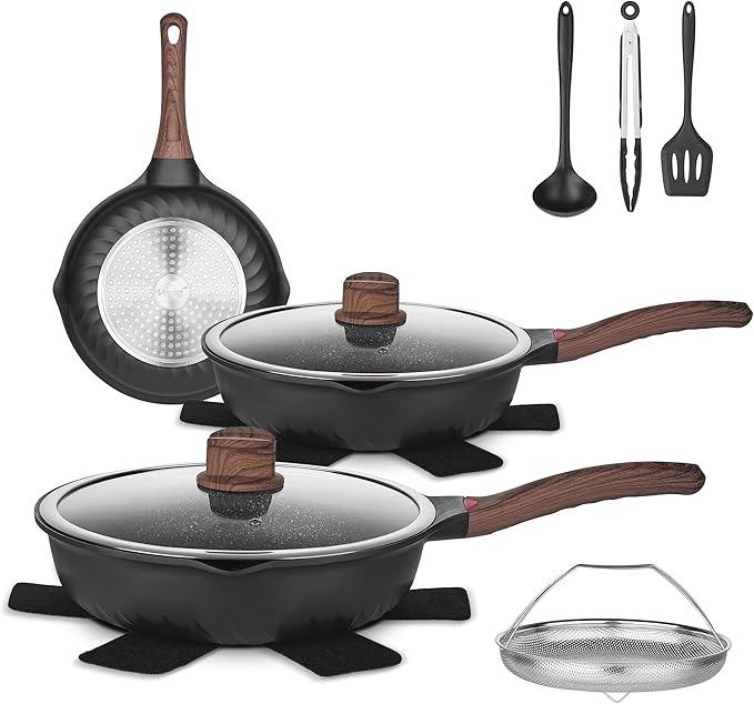 Vinchef 12PCS Nonstick Deep Frying Pan with Lid Cookware Set | VINCHEF 12-piece nonstick cookware set utensils & pot protectors. Stay-cool handles, PFAS & PFOA-free.