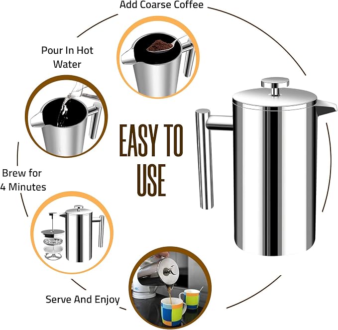 Utopia Kitchen 304 Grade Stainless Steel French Press 34 Oz, Silver | Double Wall Insulated Coffee Press with 4-Level Filtration System, Include 2 Extra Filters, Rust-Free, Dishwasher Safe