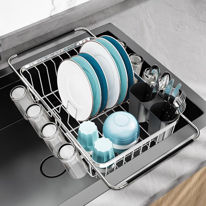 Dish Drying Rack Over the Sink - Expandable Stainless Steel Drainer | Twist-Lock Adjustable Handle, Cup Hooks, Utensil Holder, Compact Design for Apartments, RVs & Small Kitchens, Rust-Resistant