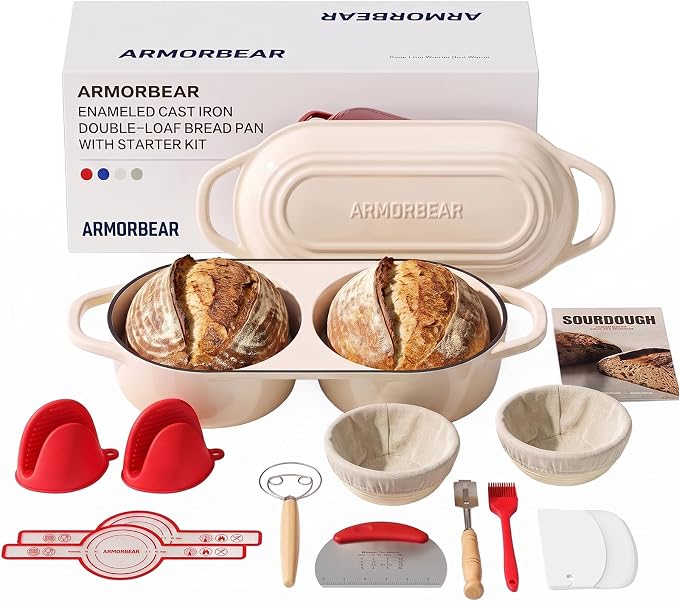 Sourdough Bread Baking Kit with Double Loaf Cast Iron Bread Pan, White | Bakes two mini loaves at once with banneton proofing baskets included