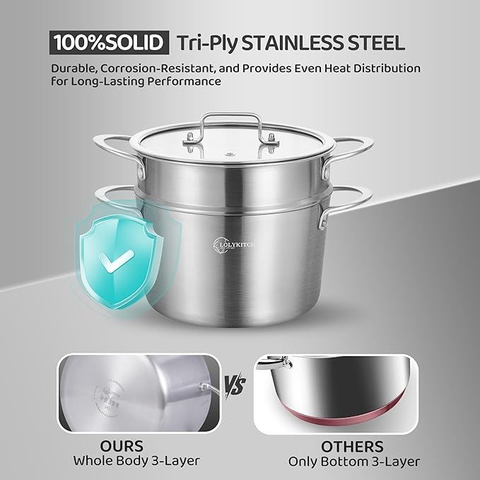 LOLYKITCH 3-Quart Tri-Ply Stainless Steel Steamer Pot with Glass Lid | Steaming Pot for Cooking | 2 Tier Induction Steamer Pot for Tamales Seafood Vegetables Dumplings | Stock Pot | Thick