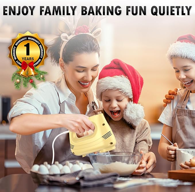 GUALIU Electric Hand Mixer, 304*(2* Beaters, 2* Dough Hooks), (1* Storage Bag) Handheld Mixer for Baking Cakes, Eggs, Cream Food Mixers, Turbo Boost /5 Speed Kitchen Blender YELLOW