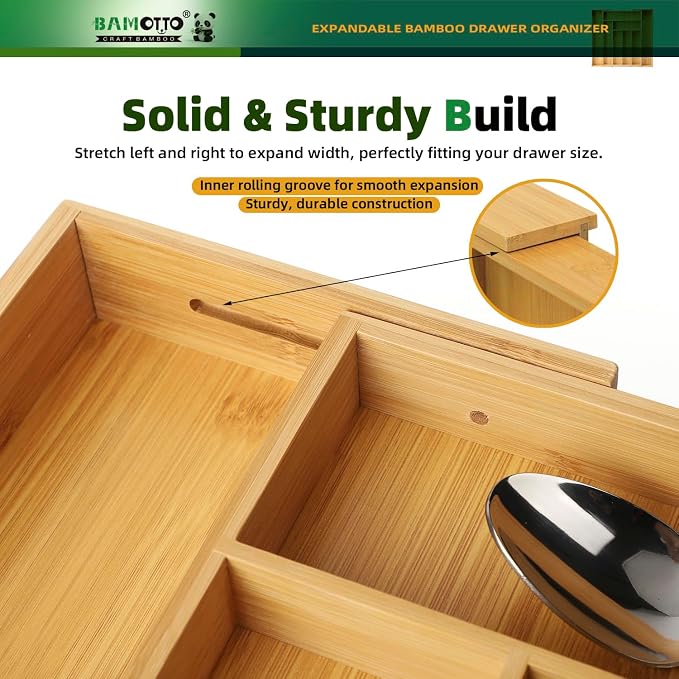 BAMOTTO CRAFTBAMBOO Expandable Bamboo Drawer Organizer for Kitchen, 8 Slot | Silverware & Cutlery Tray | Utensil Holder | 12.8"–20" Adjustable | Office & Bathroom | Flatware Organizer