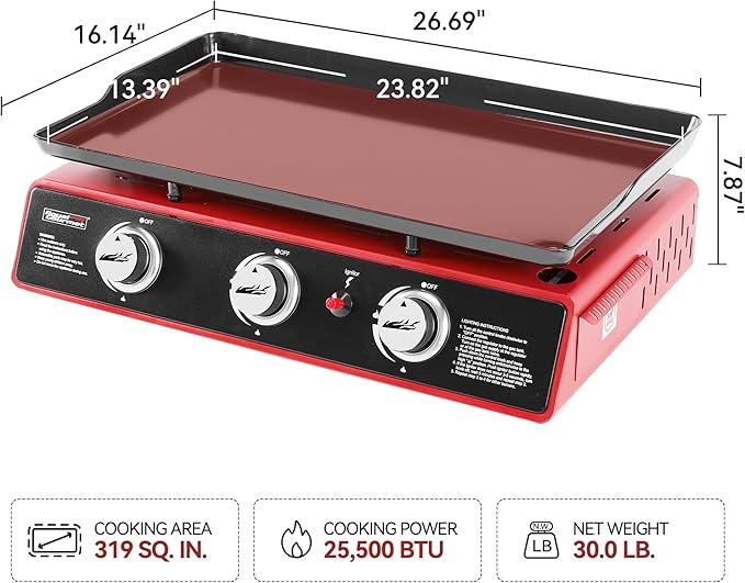 Royal Gourmet PD1301R 3-Burner Tabletop Propane Gas Griddle with Cover | 24 Inch Portable Griddle, Red | 25,500 BTUs Output, 319 sq. in. cooking area | for Outdoor Cooking, Camping or Tailgating