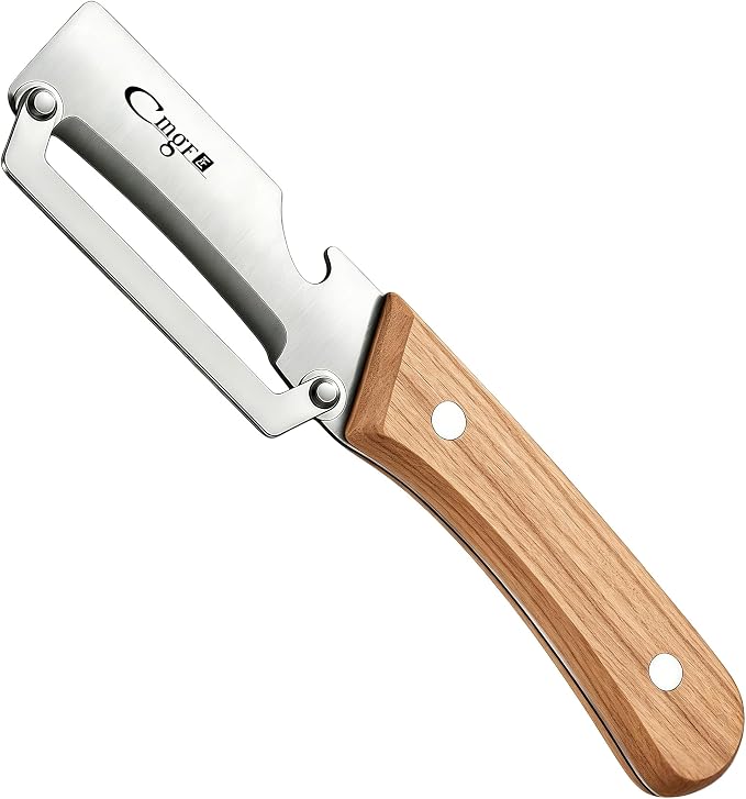 TEEVEA Left-Handed Vegetable Peeler 2-in-1 Stainless Steel Wood Handle | Multifunctional with Built-in Bottle Opener, Zero Flex Zero Snag Blade, Ultra Sharp for Fruit Potato Apple Veg, Kitchen Tool