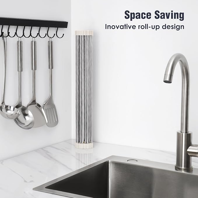Tomorotec Roll Up Dish Drying Rack Over Sink, 304 Steel, 17.7x12.5, White | Anti-Slip Silicone Rims For Grip, Heat-Resistant Trivet Mat Holding Heavy Cookware, Rustproof Kitchen Counter Space Saver