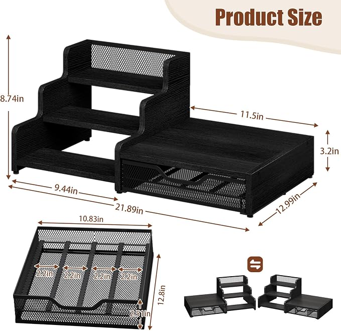Coffee Station Organizer Compatible with Nespresso Vertuo Pods, Holds 48 Small or 32 Large Pods, 3-Tier Coffee Bar Organizer with K-Cup Holder, Coffee Pod Drawer & Syrup Cups Rack for Accessories