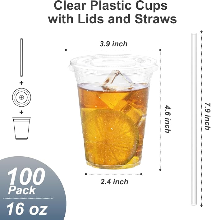 Dealusy 100 Pack - 16 oz Clear Plastic Cups with Lids and Straws | Sturdy & Food Safe Iced Coffee Cups with lids, Disposable Plastic Smoothie Cups for Cold Drinks