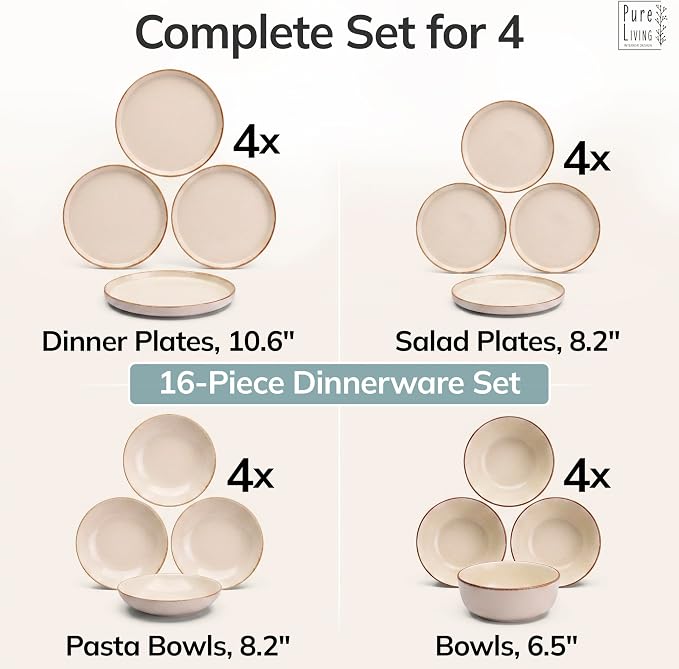 16 Piece Stoneware Dinnerware Set for 4 - Handmade Reactive Glaze Plates and Bowls Set - Chip & Scratch Resistant Dish Set - Dishwasher Microwave Safe - Rustic Beige