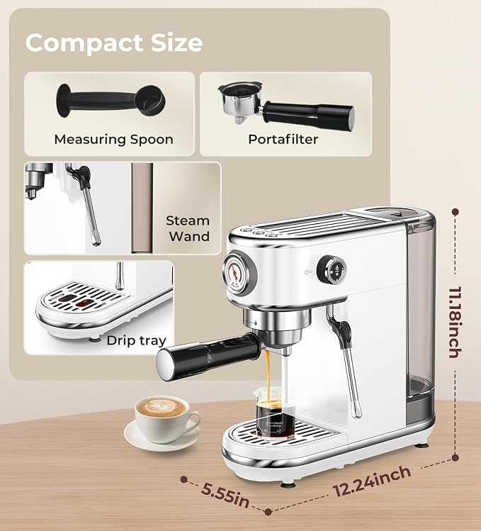 atatix 20 Bar Espresso Machine with Milk Frother, Compact Espresso Maker | Stainless Steel Coffee Machine with Precise Temp Control, 44oz Removable Water Tank for Latte, Cappuccino, White