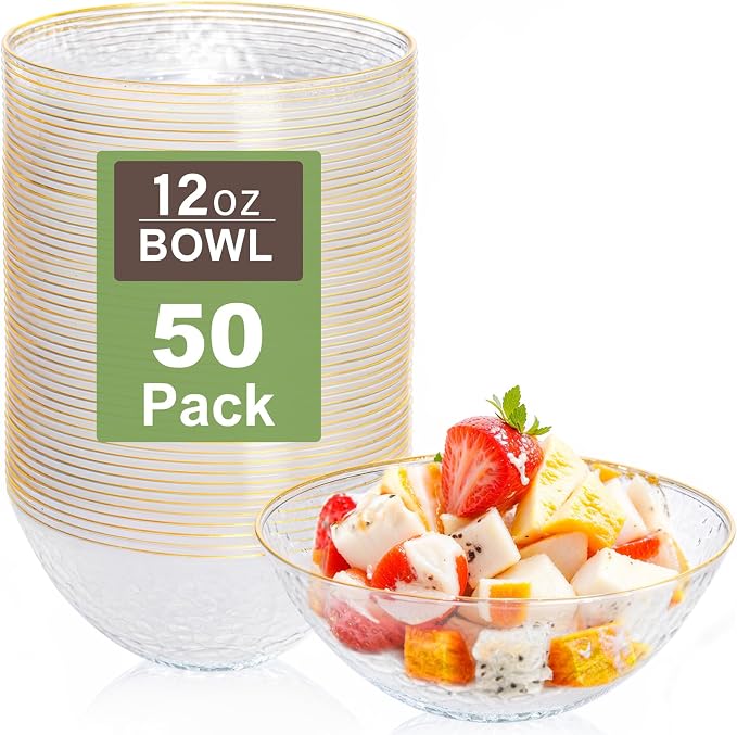 50 Pack 12 Ounce Clear Plastic Bowls Hammered with Gold Rimmed, Heavy Duty Disposable Bowl Set,Small Bowls for Wedding Day