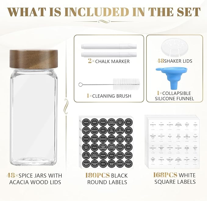 ZEHIQ 48Pcs 4oz Square Glass Spice Jars with Labels and Acacia Wood Lids | Food-Grade Seasoning Containers, Moisture-Proof, Shaker Lids, 348 Labels, Markers, Funnel, Brush, for Cabinet Drawer