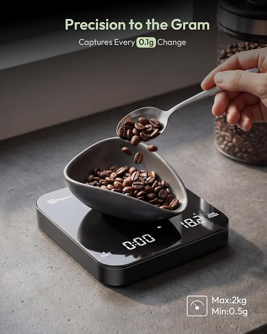Maestri House S2 Espresso Coffee Scale with Timer 0.1g Precision Shot Scale | USB-C Rechargeable, Dual Timing Modes, 2kg/0.1g Digital Scale with Borosilicate Glass Top for Espresso and Pour-Over Brewing