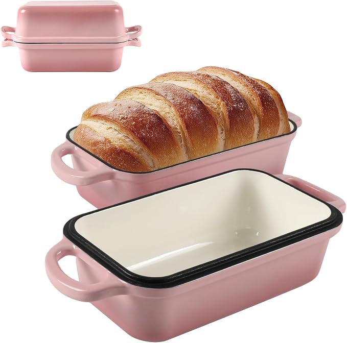 9 x 5 Inch Bread Pan Enameled Cast Iron Loaf Pan with Lid for Baking Pink | 2 in 1 Non-stick Sourdough Bread Loaf Pan for Homemade Bread, Oven & Stovetop Safe for Gas, Electric & Induction