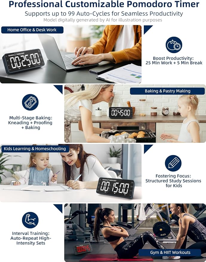 Large 7.8" Digital Timer with LED Display, Magnetic for Kitchen & Classroom | USB-C Rechargeable Timer with 99-Hour Count Up & Countdown, 3 Brightness Levels, 5 Alarm Sounds, 4 Volume Levels for Study