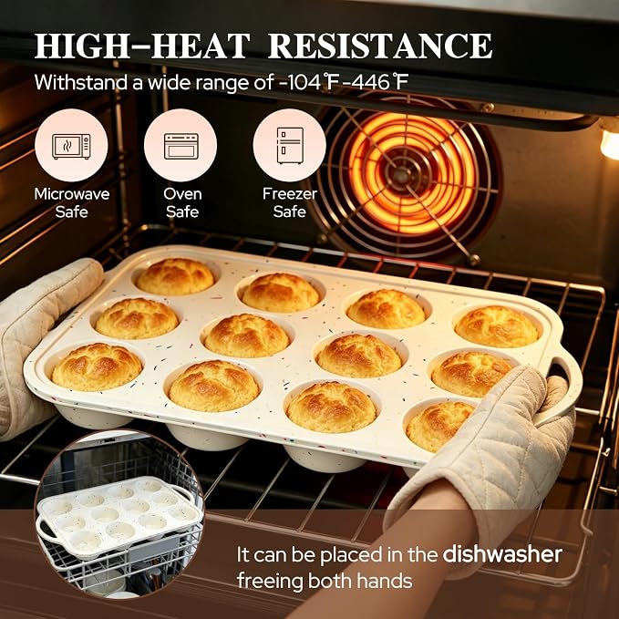 2 Pack Silicone Muffin Pans, 12 Cup Cupcake Pan with Metal Reinforced Frame | 3 Baking Tools Included, Nonstick Molds for Homemade Muffins, Cupcakes, Egg Bites, Oven & Dishwasher Safe