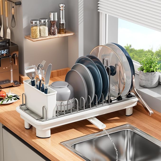 Small Dish Drying Rack, Stainless Steel with Drain Board & Utensil Holder | Anti-Scratch Base, Space Saving Design for Kitchen Counter, White