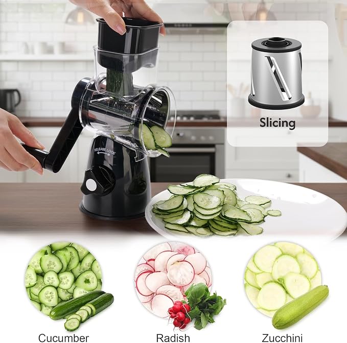 Rotary Cheese Grater Shredder | 3-in-1, Hand Crank, Suction Base