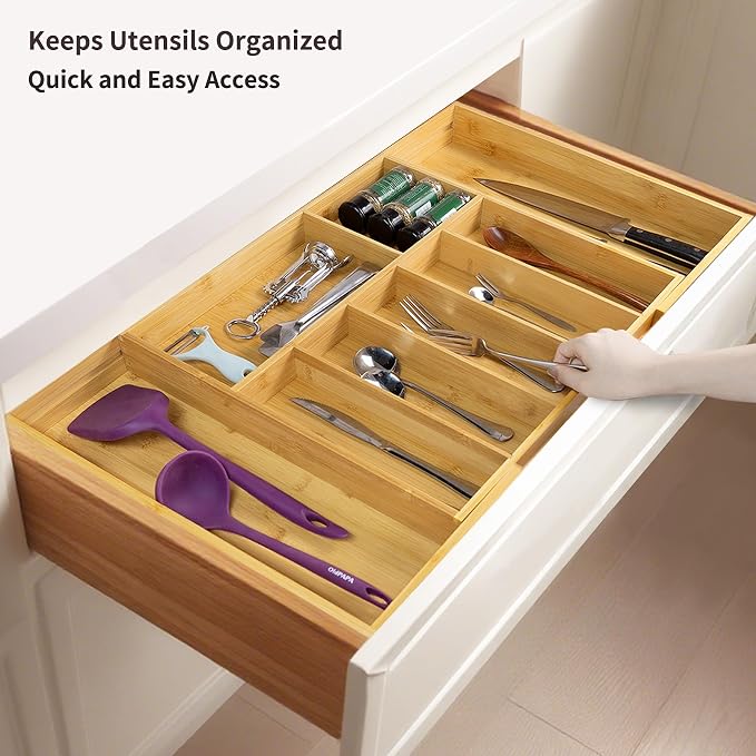 Utoplike Extra Large Kitchen Drawer Organizer, Solid Bamboo Silverware Tray | Expandable Drawers Organizer Holder for Utensils, Cutlery, Silverware, Flatware and Spatulas, Adjustable 7-9 Slots