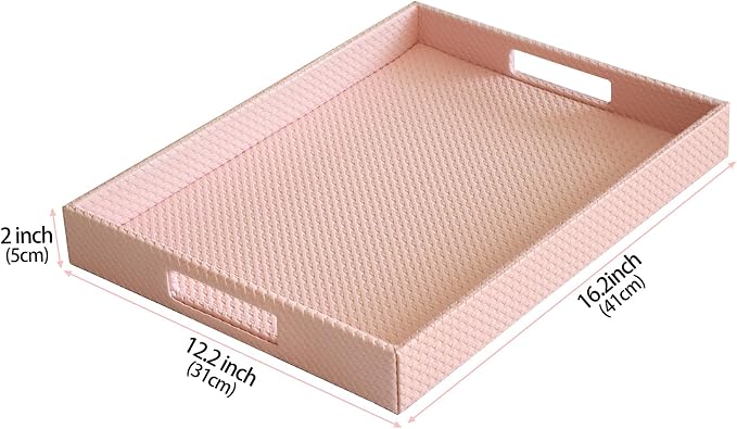 HofferRuffer Rectangle Serving Tray with Hole Handles for Coffee Table, Breakfast, Tea, Food, Butler - Countertop, Kitchen, Vanity Serve Tray, 16.2 x 12.2 x 2 inches, Faux Leather (Pink)